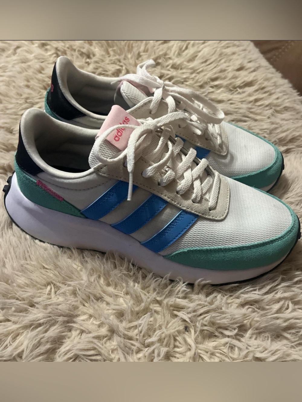 adidas White Sneakers with Blue Stripes and Teal Accents